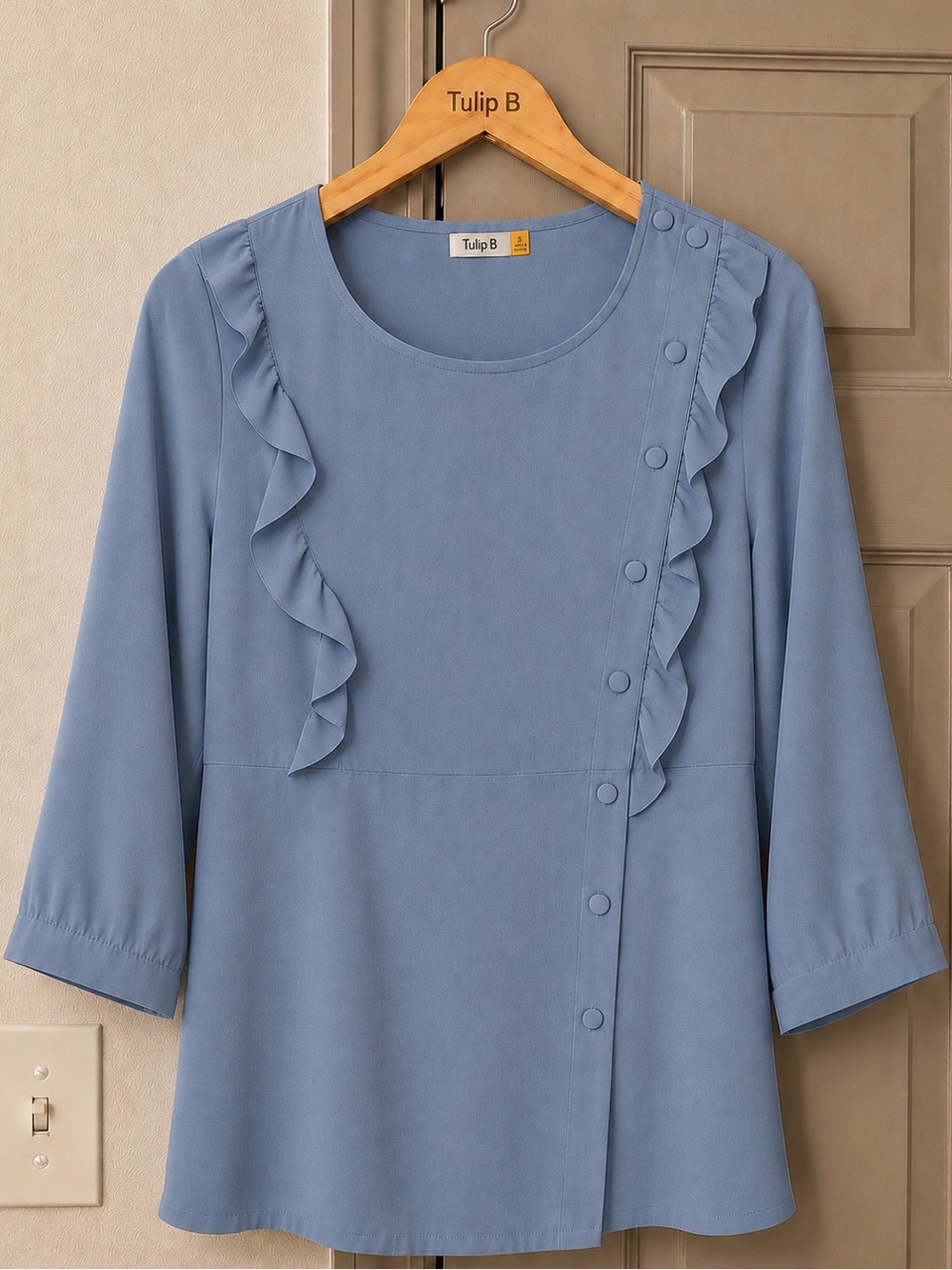 NWT Tulip B Dusty Blue Ruffle-Trim Tunic Top Fabric Buttons Boho 3/4 Sleeves